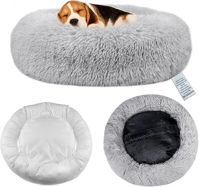 OKPOW Donut Dog Bed Medium Washable - Anti Anxiety Calming Cosy Fluffy Plush Puppy Kitten Round Super Soft Snuggle Pet Cat Beds for Indoor Cats: Light Grey 60cm