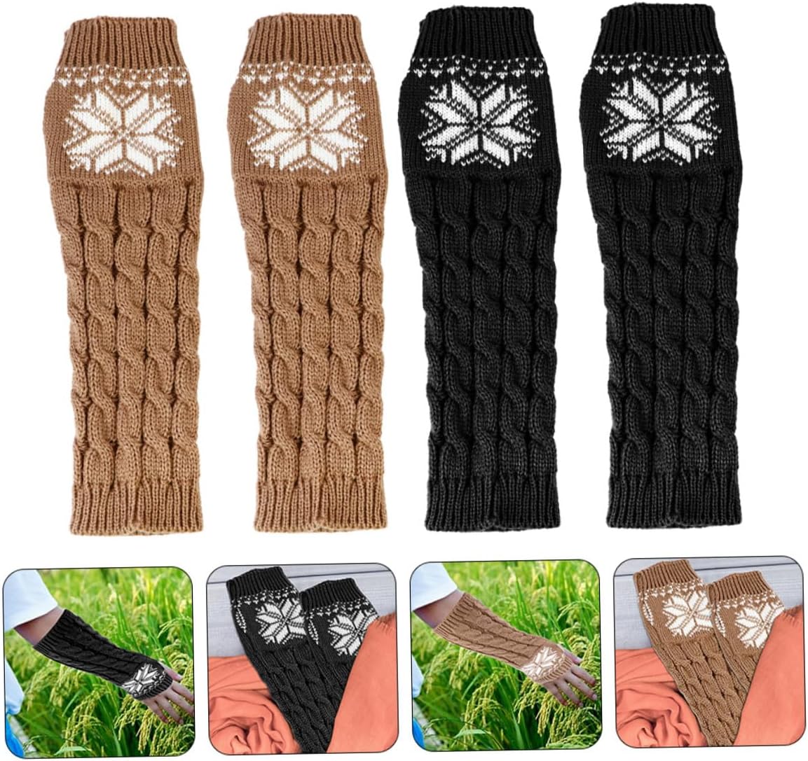 Abaodam 2 Pairs of Skin-friendly Black Jacquard Long Winter Arm Warmers, Knitted Fingerless Gloves for Women, Lightweight Portable Arm Covers for Cold Weather and Christmas