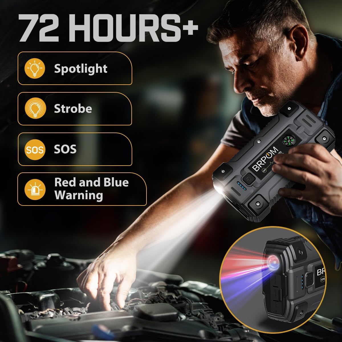 BRPOM Car Jump Starter showing its various flashlight modes: Spotlight, Strobe, SOS, and Red and Blue Warning.