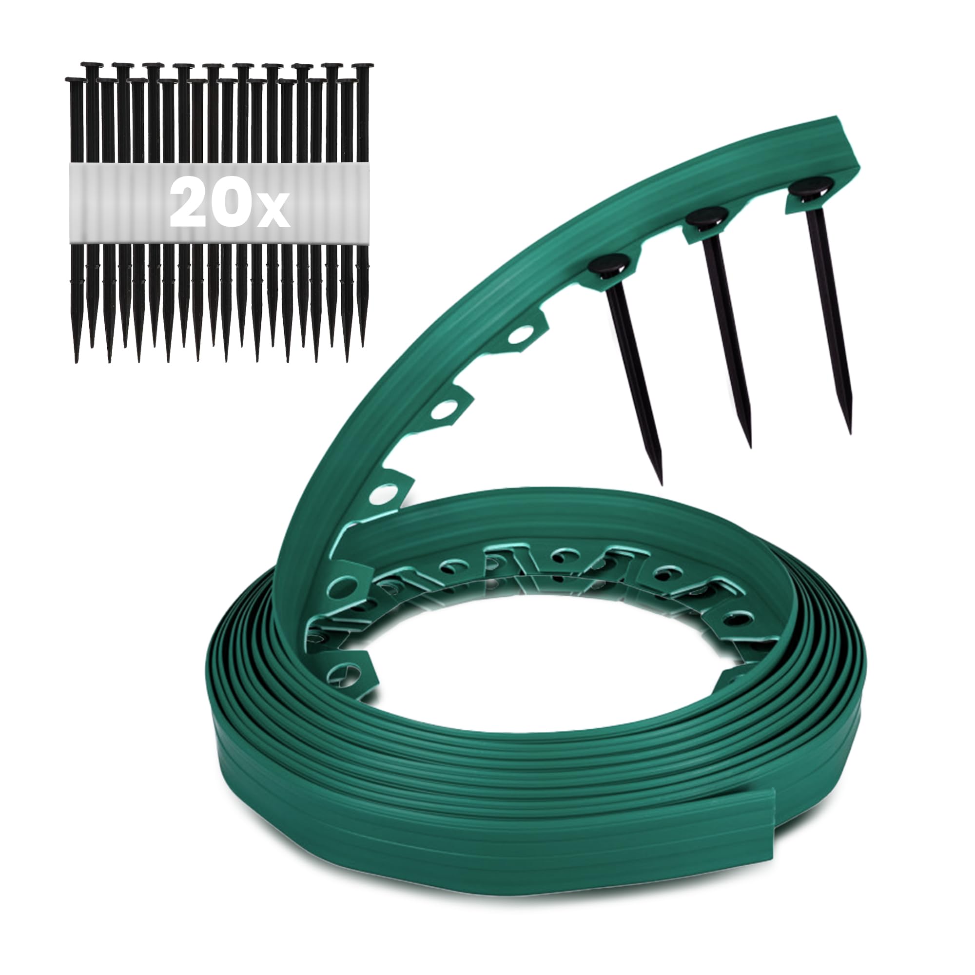 GARDENIX Flexible Rasenkante Kunststoff - Wetterbeständige Rasenabgrenzung Beeteinfassung Rund - Blumenbeet Umrandung - Grün, 10 m, 20 Erdanker, 6 cm Höhe