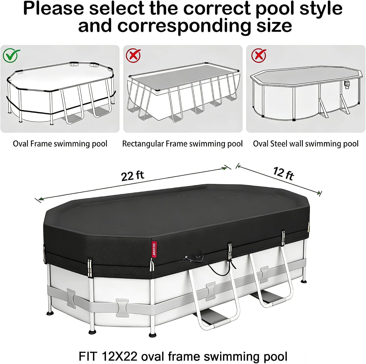 qh.home 12x22ft oval pool cover,[ultimate windproof & tear-resistant fabric],snug fit with patented ratchet & weight rings,solar pool cover for above ground pools, blocks leaves &waterproof 12'x22'(oval)