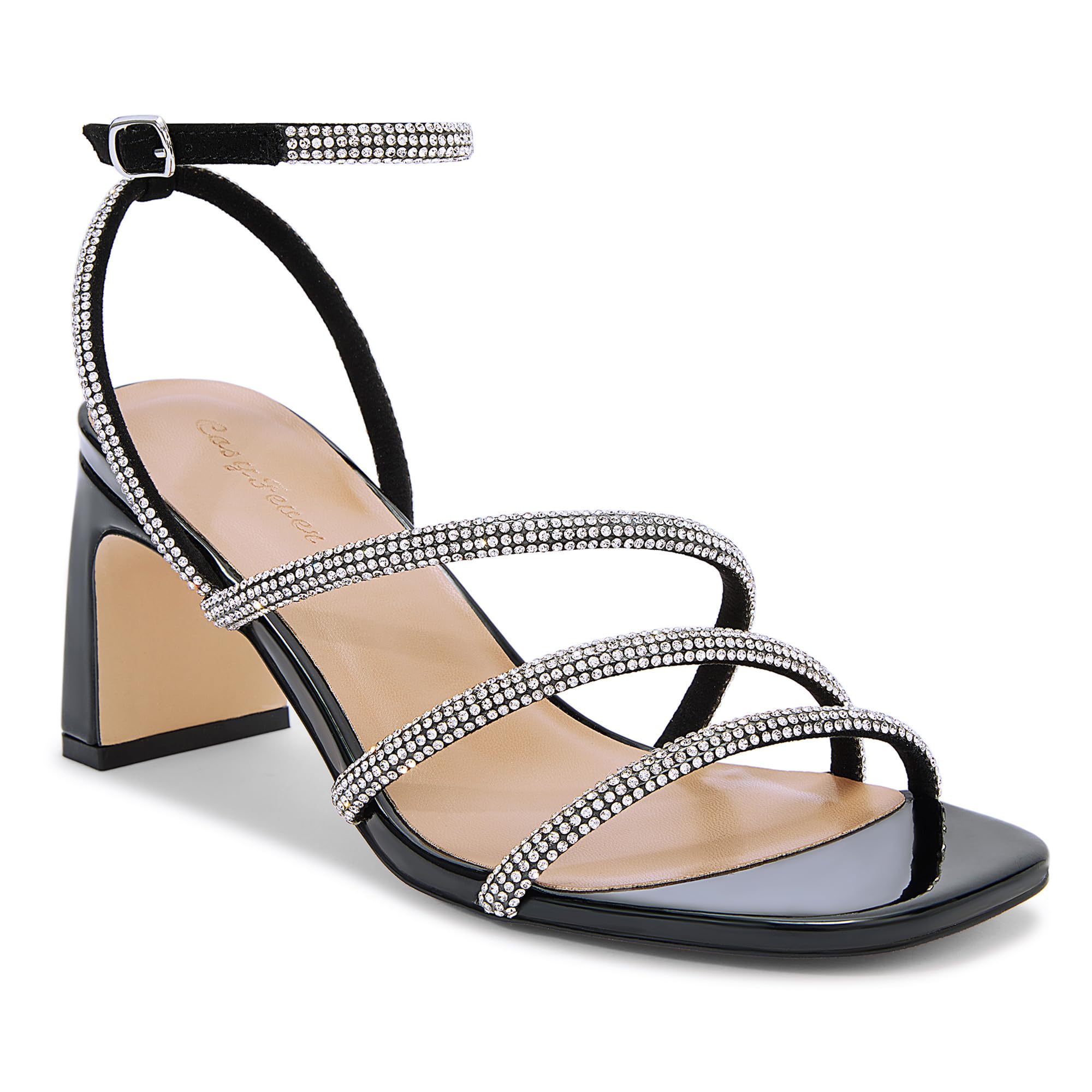Womens Rhinestone Heels, Square Toe Ankle Strap Block Heel Dress Shoes for Wedding & Party