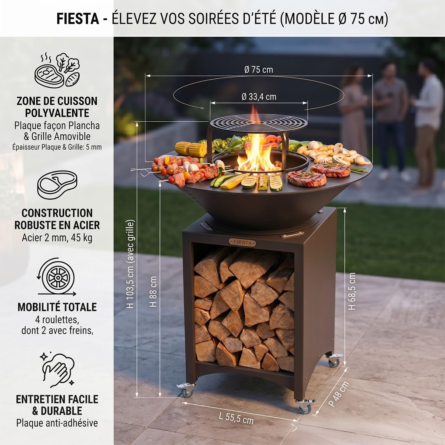 Mon Mobilier Design Fiesta Brasero Haut avec Plaque et Grille Amovible en Acier Barbecue plancha extérieur Ø 75 cm