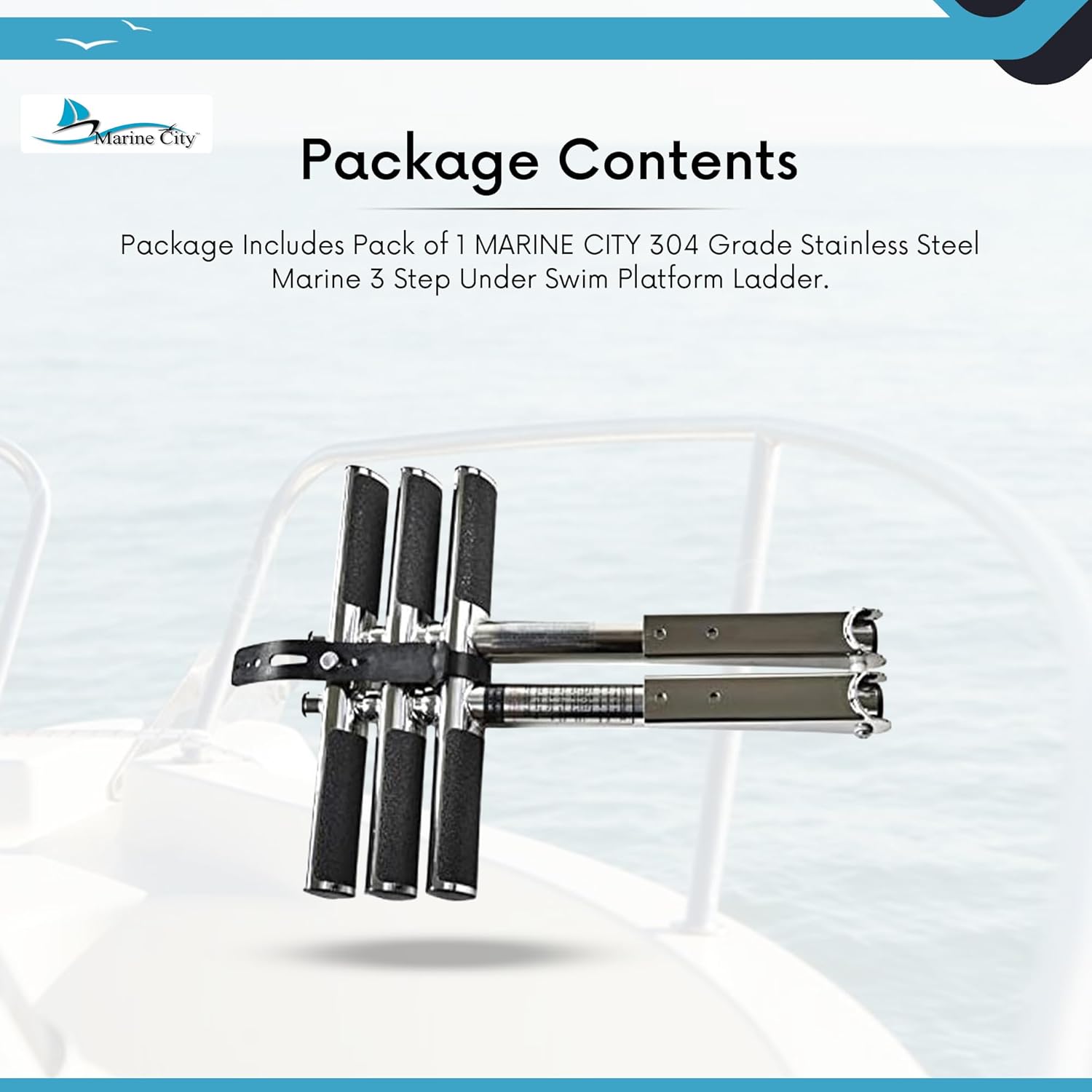 MARINE CITY 3-Step Telescoping Swim Platform Ladder – 304 Stainless Steel, Flip-Up Design, Anti-Slip Steps, 33" Pull-Out Length for Boats & Marine Use (Pack of 1)