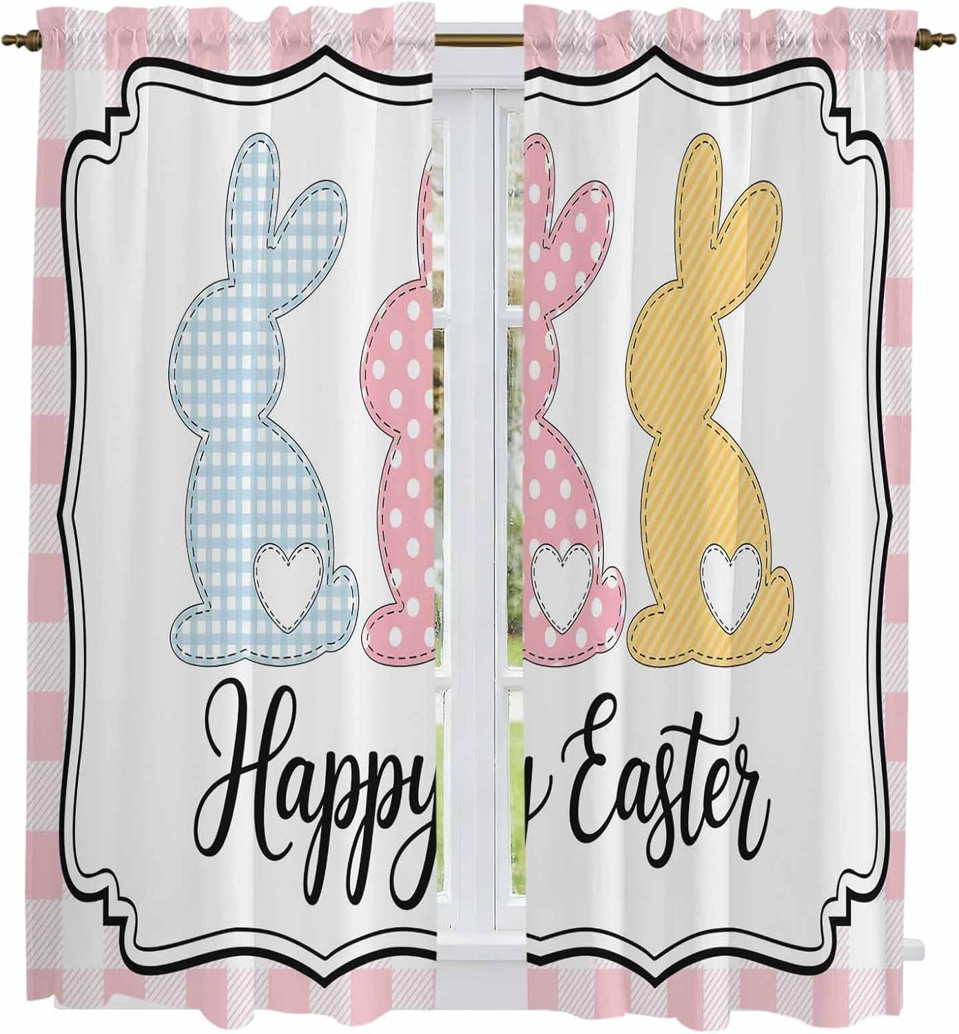 Happy Easter Kitchen Curtains, Cute Lovely Colorful Rabbits Silhouette Pink Checkered Light Filtering Window Curtain, 2Pcs Rod Pocket Window Treatments Set for Living Room Bathroom Bedroom 42x63