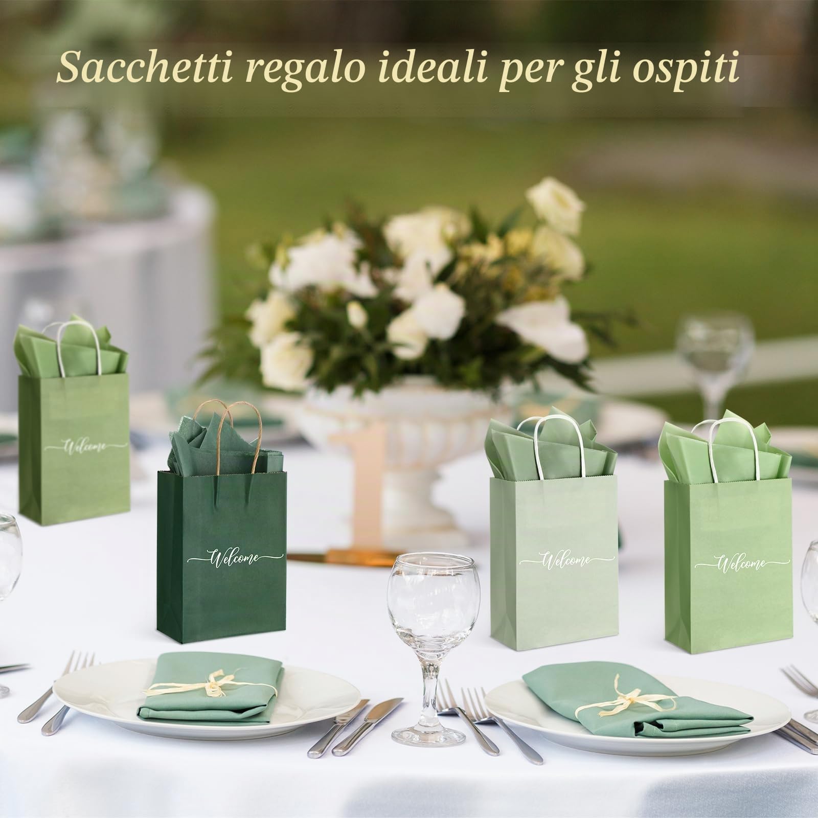 Kolldenn Set di 50 sacchetti di benvenuto per matrimoni, colore verde salvia, sacchetti regalo con manici e carta velina, bomboniere, regalo di benvenuto in chiesa e hotel, 15,2 x 15 x 8,1 cm