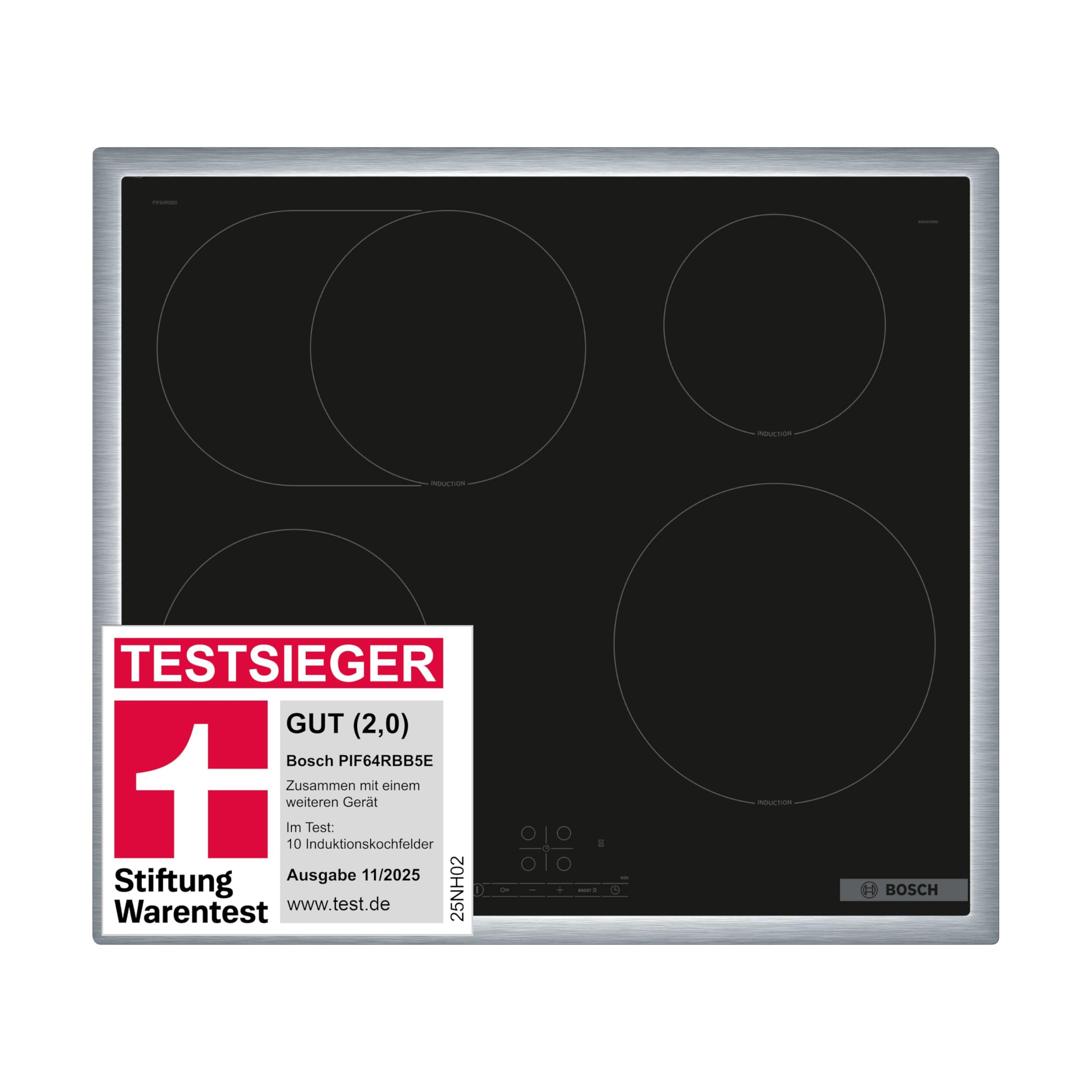 Bosch PIF64RBB5E, Stiftung Warentest Testsieger*, Serie 4 Induktionskochfeld, autarkes Glaskeramik-Kochfeld 60 cm breit, TouchSelect, Bräterzone, PowerBoost, ReStart, Umlaufender Rahmen, Schwarz