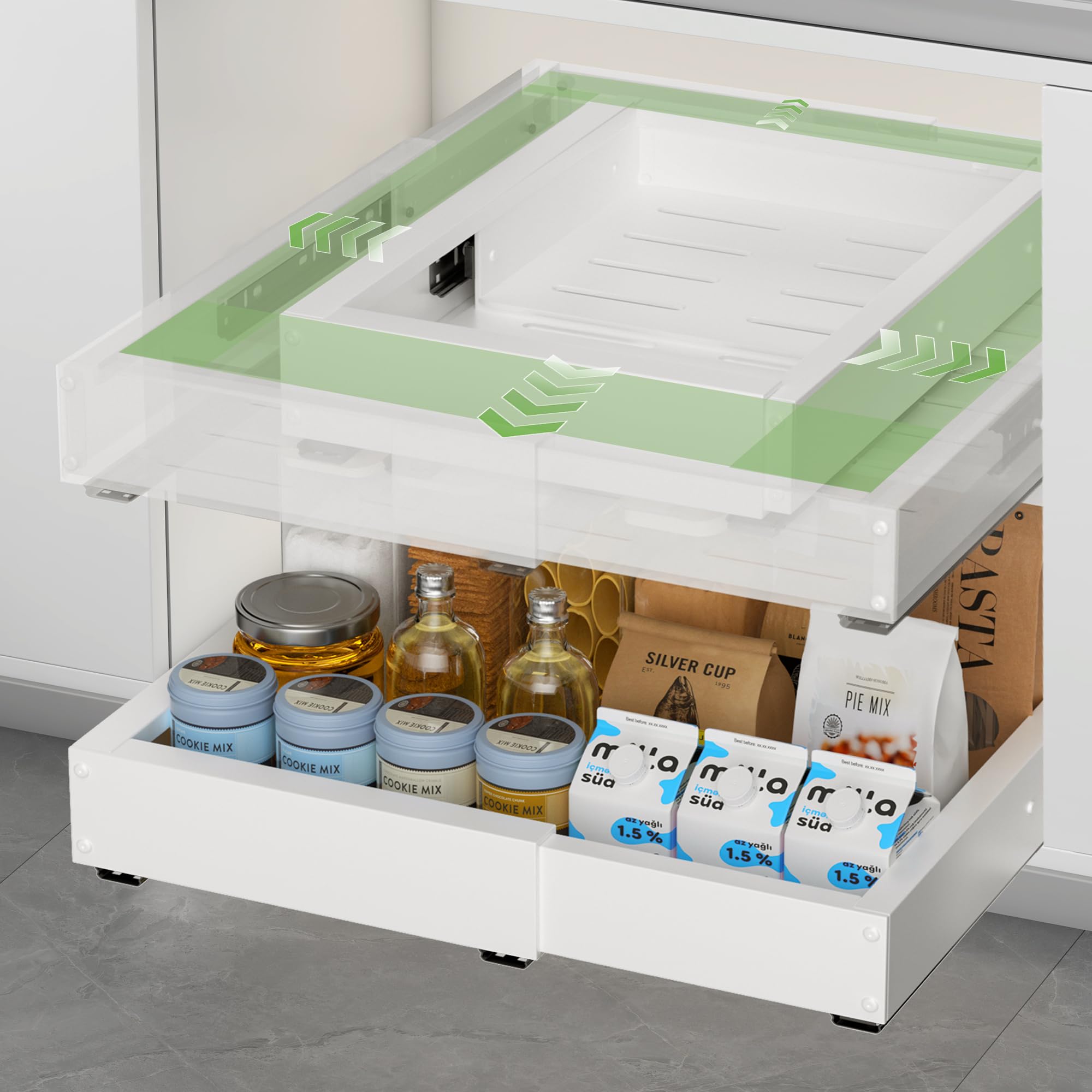 Teleskopschublade, 2 Stück, Weiß | Verstellbar 29–48 cm Breite, 41,5–55 cm Tiefe, Ausziehbar, Küchenschrank Organizer, Stabil