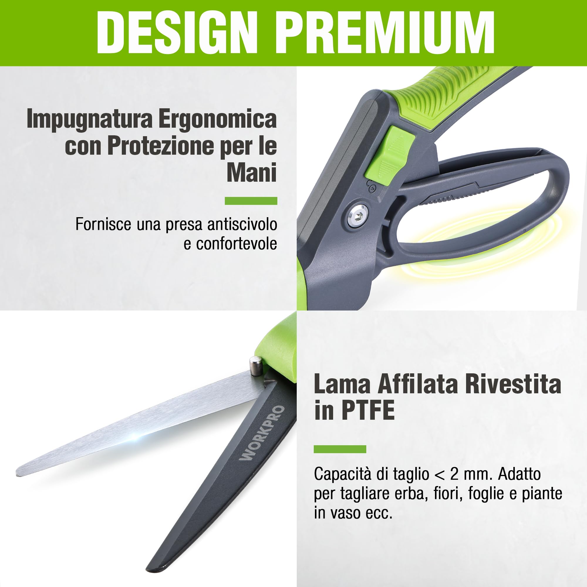 WORKPRO Forbici da Erba Rotanti 360°, Cesoie da Giardino 350mm con Lama Rivestita Antiruggine, Impugnatura Ergonomica, Blocco di Sicurezza per Prato, Piante e Bonsai