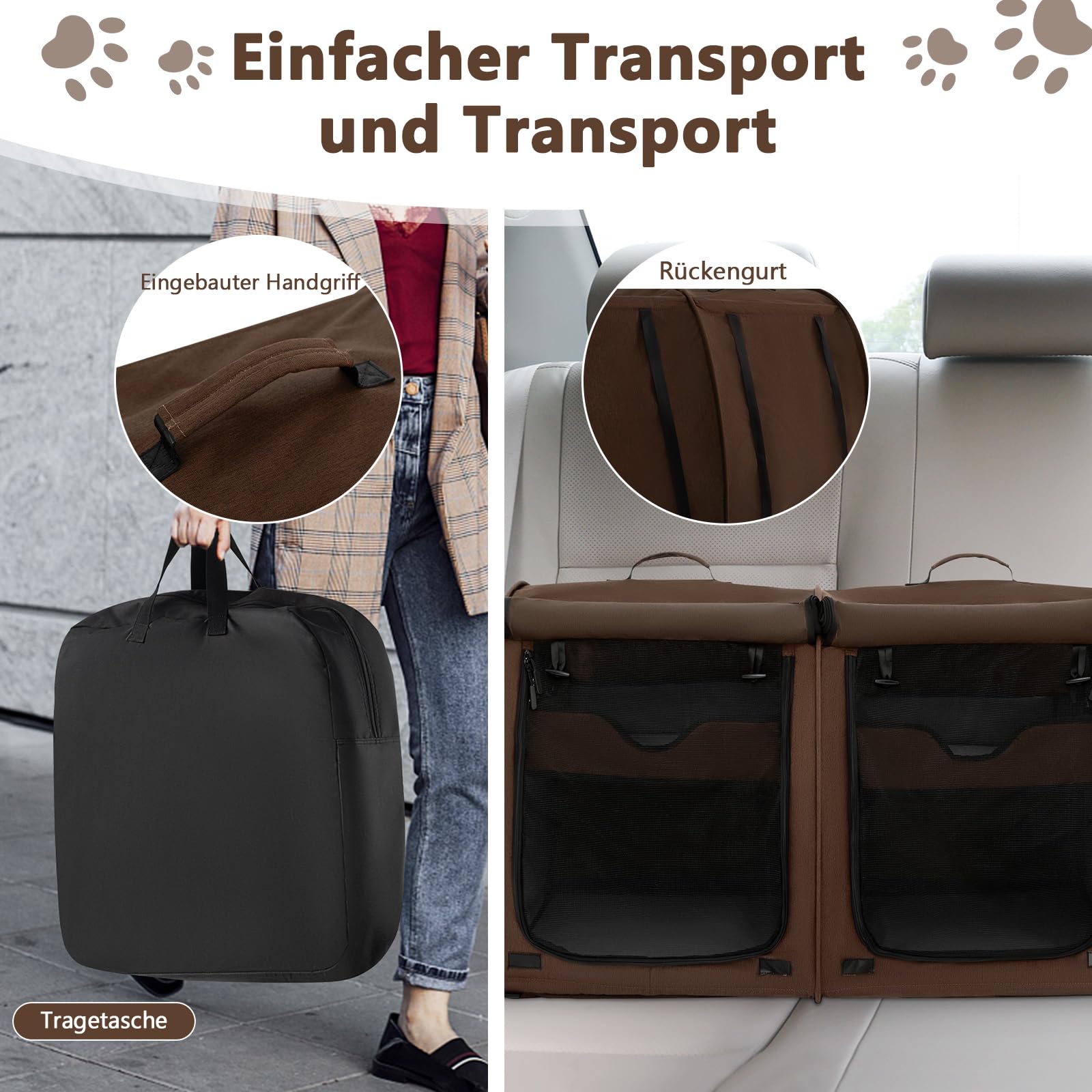 GOPLUS Transportbox mit Zwei Fächern für Katzen, 2 in 1 Haustierhütte mit abnehmbaren Hängematten & Katzentoilette, Tragbare Reisebox für Katzen & Hunde mit Tragetasche (Braun)