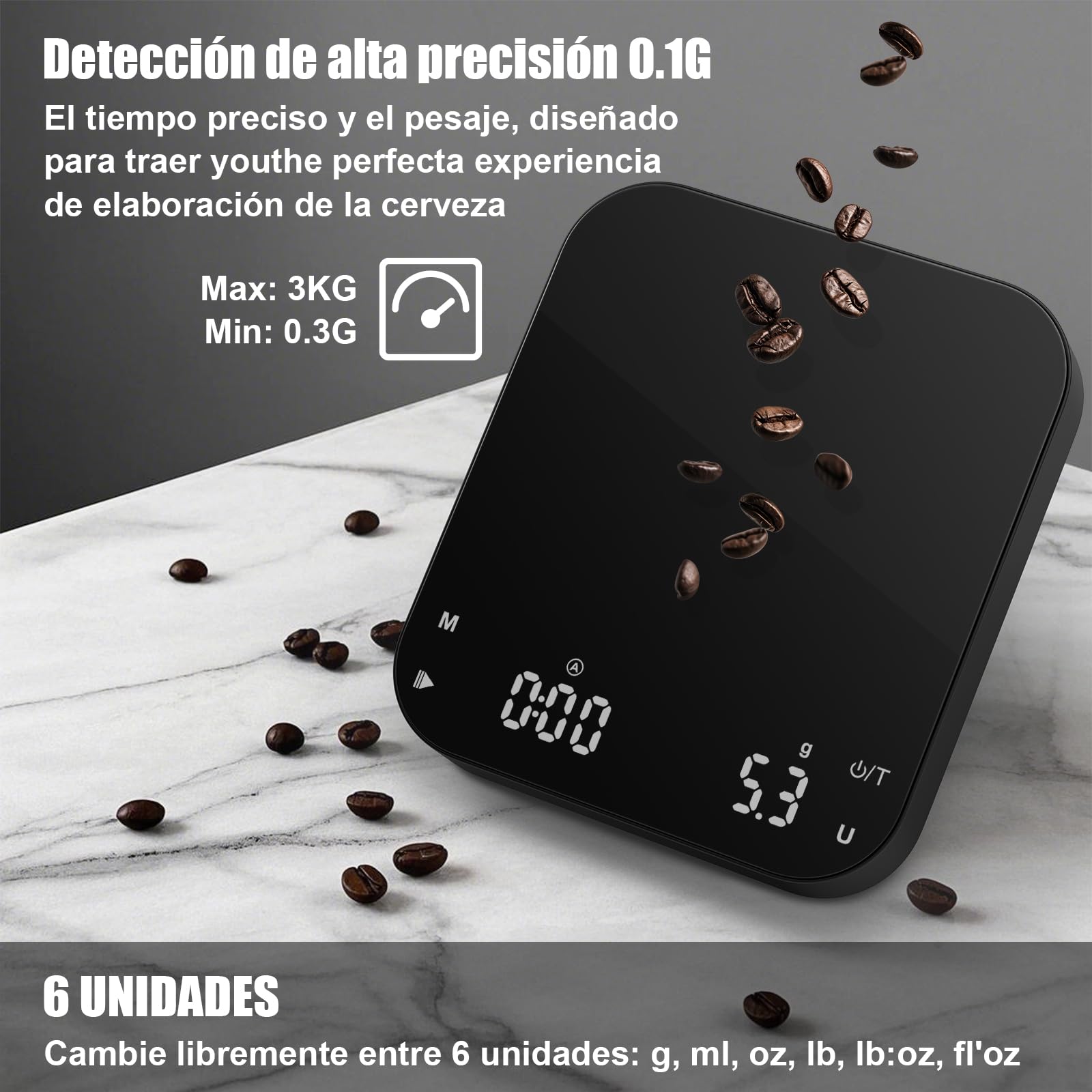 Diyife - Báscula de café de precisión de 0,1 g con temporizador, báscula recargable de espresso de 3 kg/0,1 para café vertido, báscula digital con pantalla LCD retroiluminada, tara automática