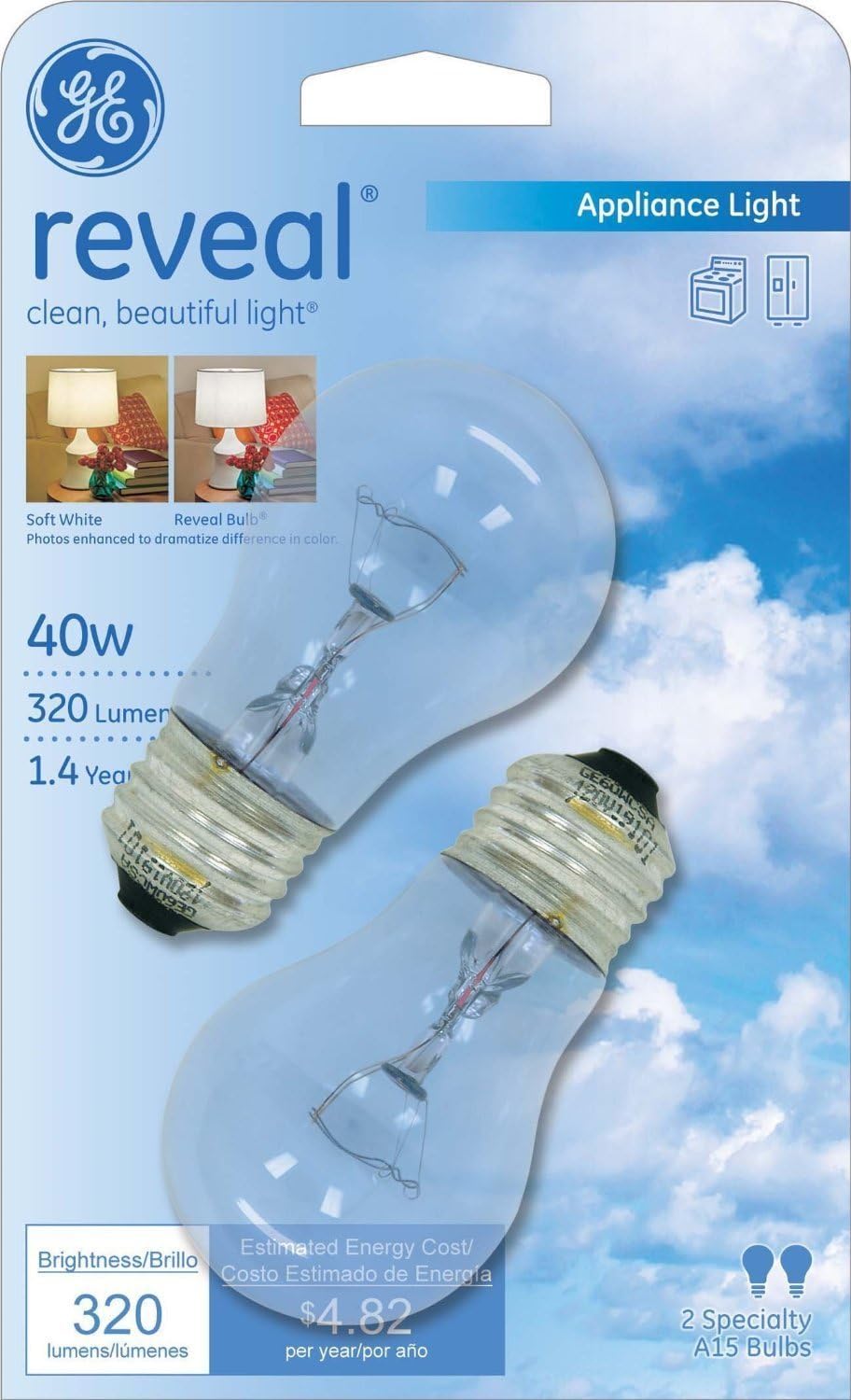 GE Lighting 48706 40-Watt Reveal A15 Appliance Bulb, 4 Pack