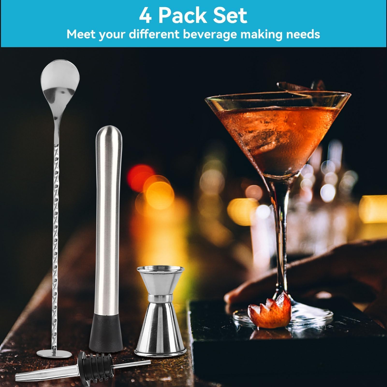 Kit da Barman 4 Pezzi, Misurino Doppio per Cocktail in Acciaio Inox con Tappo Versatore, Manico a Spirale Ergonomico Cucchiaio da Bar e Pestello, Set di strumenti per miscelare bevande