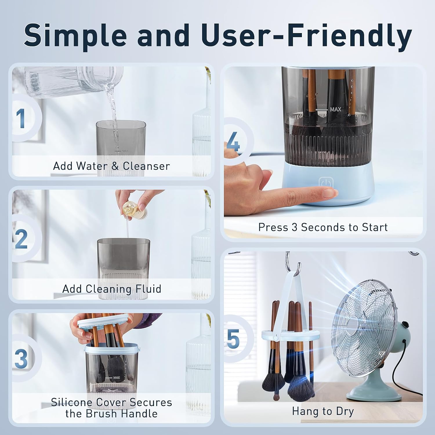 Electric Makeup Brush Cleaner - 9000 RPM Makeup Brush Cleaning Machine, IP65 Waterproof Automatic Makeup Brush Cleaner for Makeup Sponges and Brushes(Blue) - Image 5