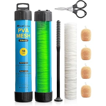 Realure 5M PVA Net Fishing Set with Scissors 18 mm 25 mm 37 mm 44 mm Wide PVA Mesh Carp Accessories with Funnel & Pestle System Quick Melting PVA Bag Fishing PVA Bags for Boilie Bait Feed