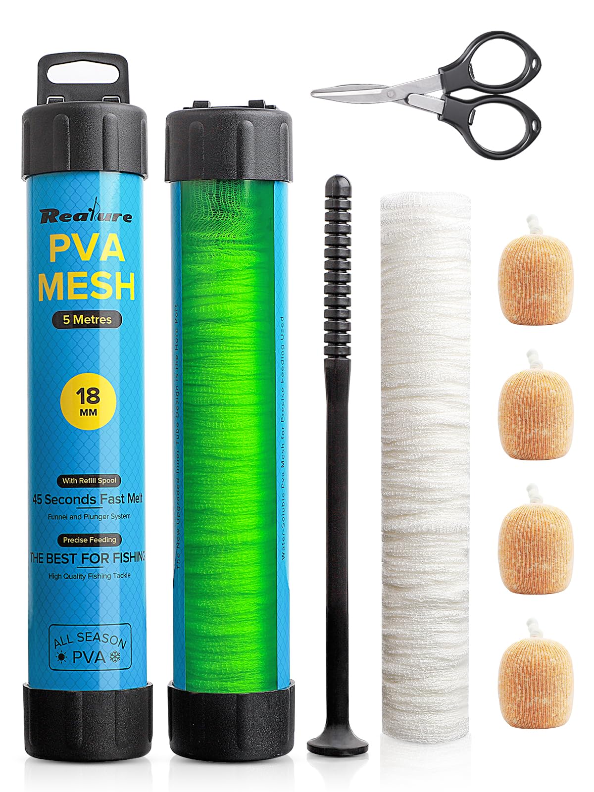 Realure 5M PVA Netz Angeln Set mit Schere, 18/25/37mm Breit Mesh Karpfen Zubehör mit Trichter & Stößel System, Schnelles Schmelzen PVA Beutel Angeln Bags für Boilie Köder Futter