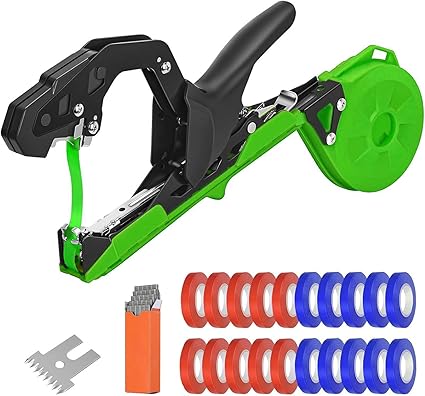 Upgraded Plant Tying Machine Gun to Tie Up Vine Tomatoes and Grapes Quickly Garden Tape Tool for Gardeners with 1 Blade 10000 Pcs Staples 20 Rolls Tape and 1 Glove (Green)