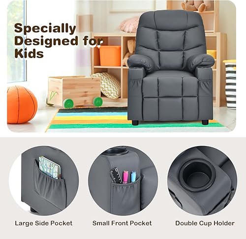 Miniatura 8 de Costzon Silla reclinable para niños con soporte para tazas, silla de descanso ajustable con reposapiés y bolsillos laterales para habitación de