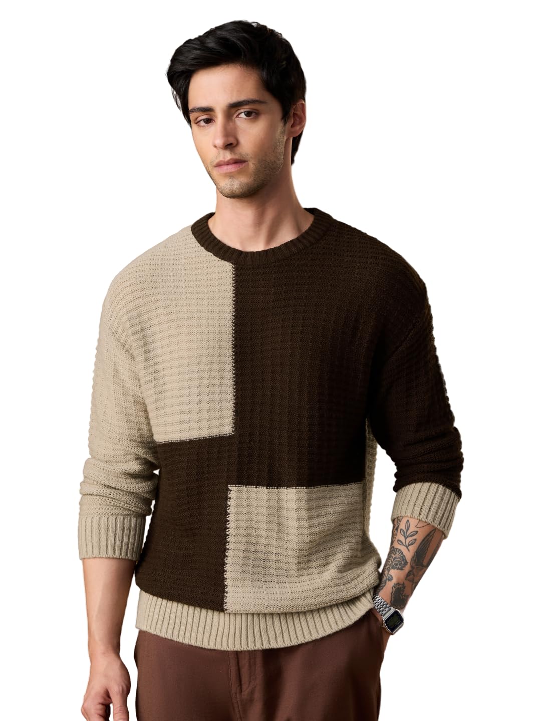 the souled store Oversized Sweater: Deep Mocha Men and Boys Full Sleeves Round Neck Brown and Beige Color-Block Textured Acrylic Casual Winter Oversized Fit Sweater Pullover-picture-43