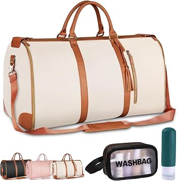 Foldable Travel Bag 2.0, Trendfetchus Foldable Travel Bag 2.0 with Wheels, Large Convertible Garment Duffel Bag Rolling Garment Bag for Trave, Carry on Bags with Toiletry Bag Beige