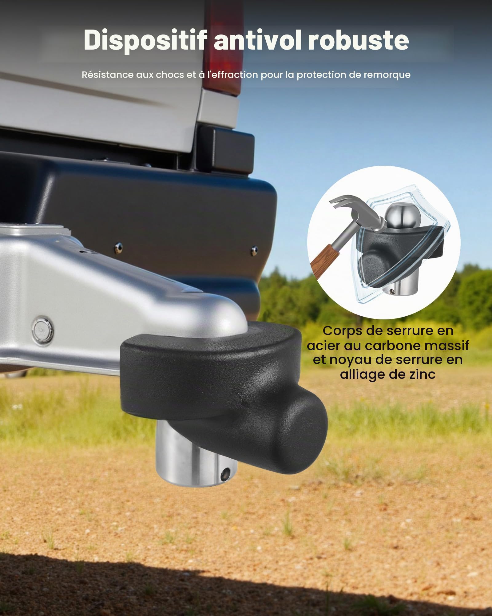 VEVOR Antivol d'Attelage de Remorque, Compatible avec Coupleurs 58,7 mm, Verrou Robuste à Boule avec 3 Clés, Résistant à Effraction et aux Chocs, pour Caravanes, Camping-cars, Bateaux, Remorques, Noir
