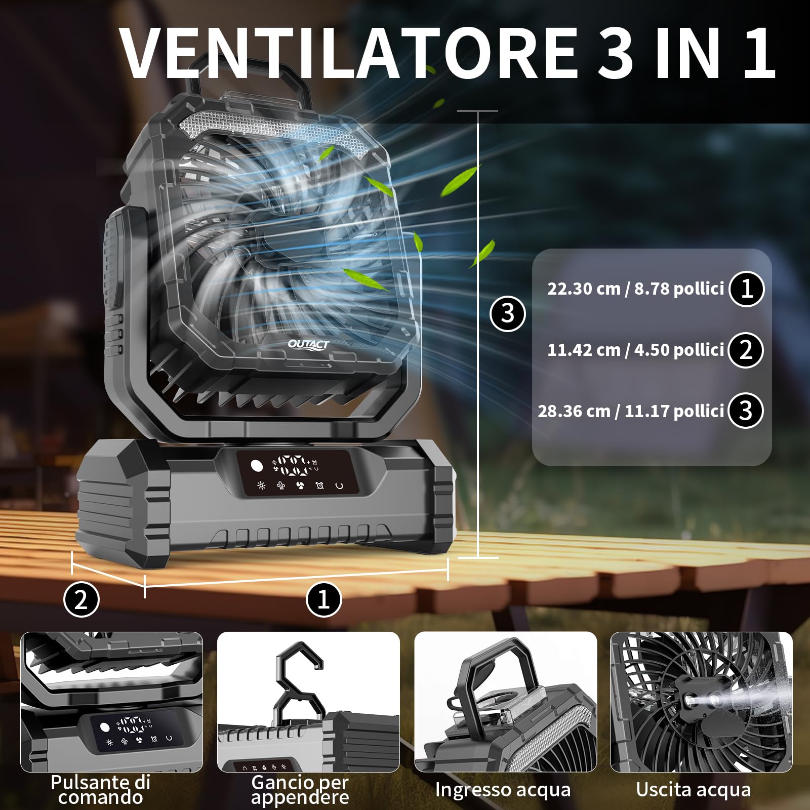 Ventilatore da Campeggio Portatile 20000mAh con Nebulizzatore e Luce LED – Ricaricabile, con Gancio e Telecomando, Ideale per Esterno, Tenda e Spiaggia - Nero | Ricaricabile,con Luce LED,con Gancio e Telecomando, Ideale per Esterno, Tenda e Spiaggia