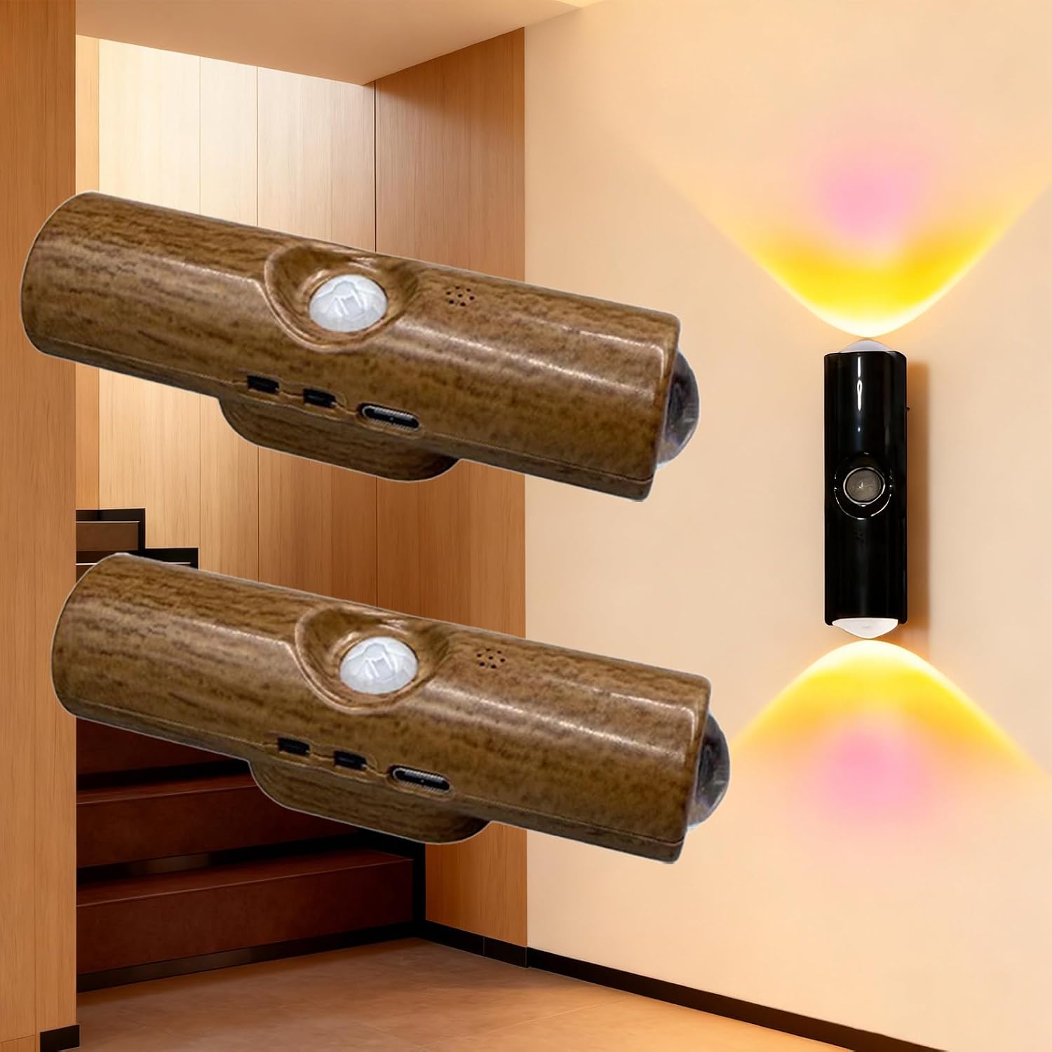 Rechargeable Smart LED Motion Sensor Ambient Light，Punch-Free Color Changing Motion Sensor Light ，7-Color Gradient RGB Lighting Effect，Auto-On/Off ，for Stairs, Hallway，Cabinet，Wardrobe (Wood,6 pcs)