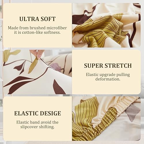 Miniatura 4 de Mybedsoul Funda de sofá biplaza con estampado floral para sofá de 2 cojines, funda elástica y lavable con estampado de flores beige, protector de