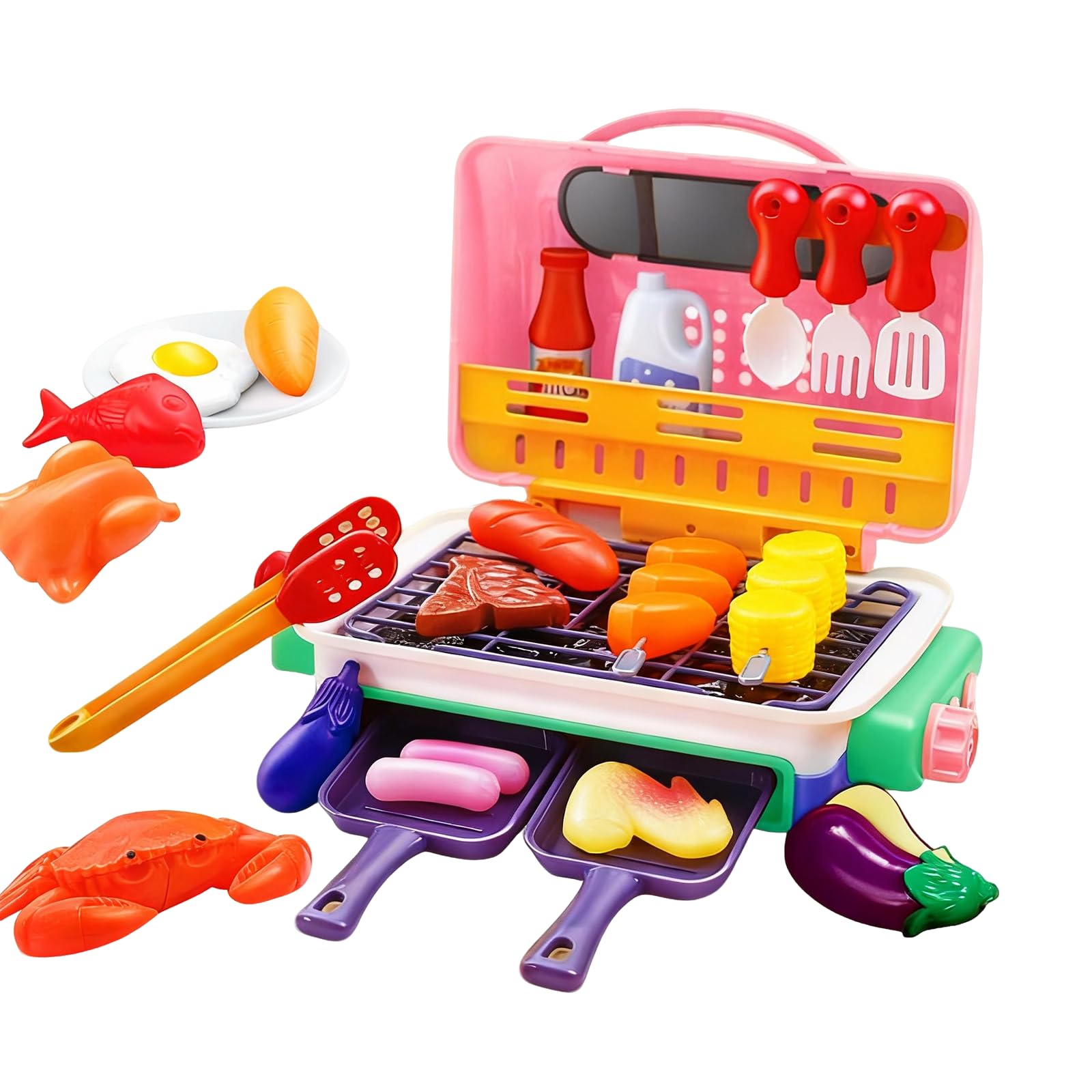 Kids BBQ Grill Toys Set, Kids Pretend Kitchen Role Play Set, Kitchen Toy Set with Spray Sound & Color-Changing Food 30+ PCS Play Kitchen Accessories,Simulation Camping Cooking Interactive Toys (Green)