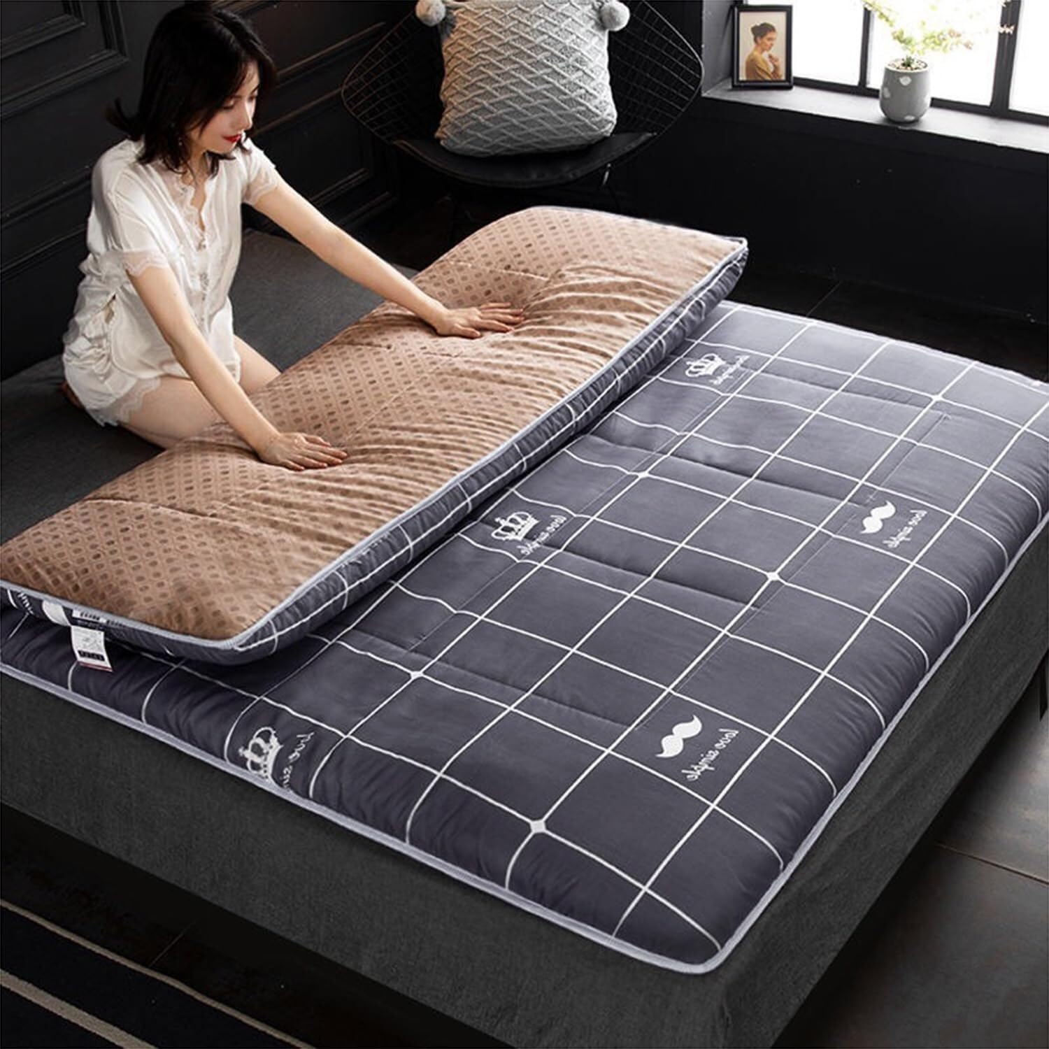 Colchón Plegable Japonés Tapete De Futón Doble, Colchón De Piso Japonés - Colchón Grueso Enrollado para Invitados, Antideslizante Y Transpirable, Adecuado para Dormitorios En Casa, Negro, 90x200cm