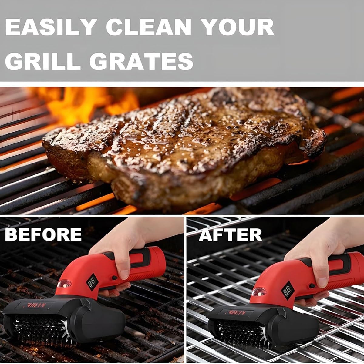 Cepillo eléctrico inalámbrico para Limpiar Parrillas de Barbacoa con Motor rotativo, 2 Cabezales, batería de 4000 mAh, luz LED, Kit para Exteriores.