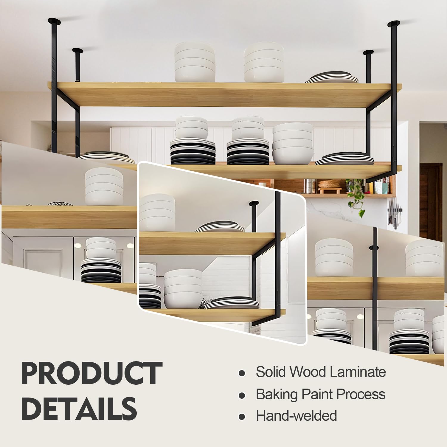Étagère de Plafond Suspendue Suspendu Industriel à 2 Couches Casier à Vin de Plafond Rétro en Métal Suspendue Support de Rangement pour Bars Café Plantes Bibliothèque restaurant cuisine (GOLD )