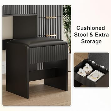 37 Fluted Makeup Vanity Desk with Mirror and Lights, 5 Drawers Tempered Glass Top Vanity Table with 5 Shelves , Large Vanity Dressing Table with Chair & Charging Station, 3 Lighting Modes for Bedroom