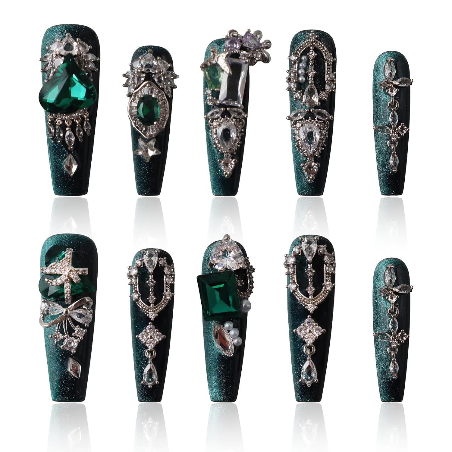 Hand Painted Press On Nails, Press On Nails Coffin Long, Stick On Nails For Women, Press On Nails Rhinestone, Green Press On Nails, COOLYOUNG Luxury Nails, 10 PCS, Size M