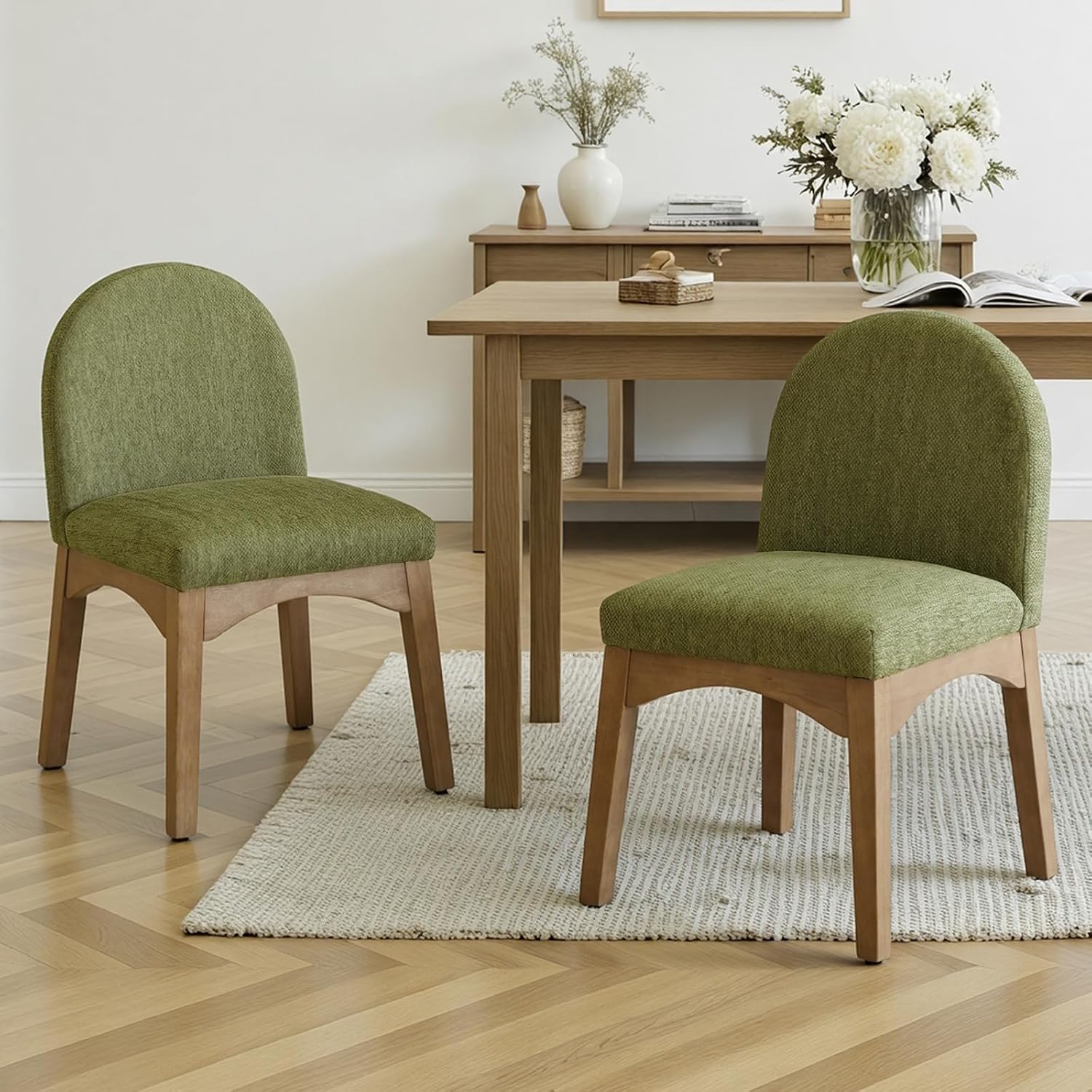 HNY Mid Century Modern Dining Chairs Set of 2, Chenille Upholstered Dining Room Chairs Armless Kitchen Chairs with Solid Rubberwood Legs, Accent Side Chairs for Living Room, Green