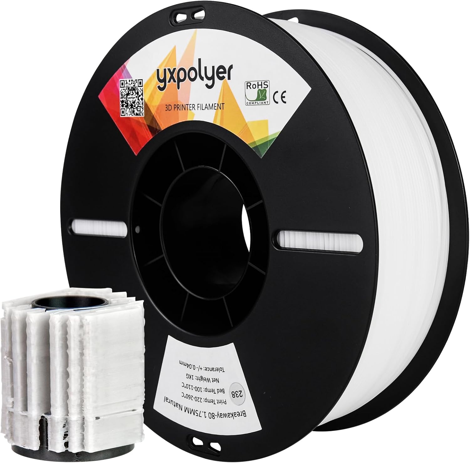 YXPOLYER Breakaway-80 filament spool and a 3D printed part with support removed.