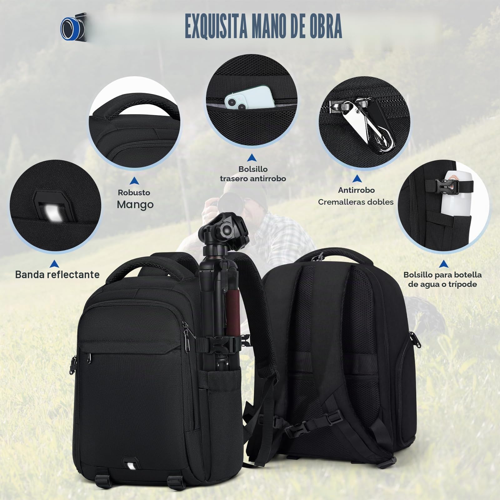RAINSMORE Mochila para Cámaras de Fotógrafos Mochila Fotografia Profesional para Portátil 14 Pulgadas, Camera Bag con Funda Impermeable para DSLR Canon Nikon Sony Negro