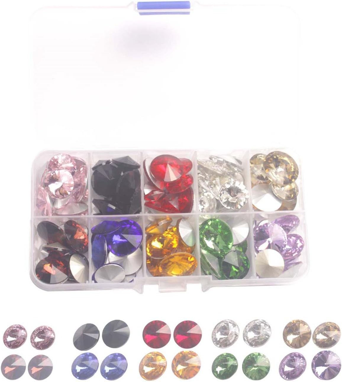 ChangJin One BOX of 120PCS Mixed colors and Sizes Point Back Crystals Rhinestone Glass Rivoli Stone W/Container