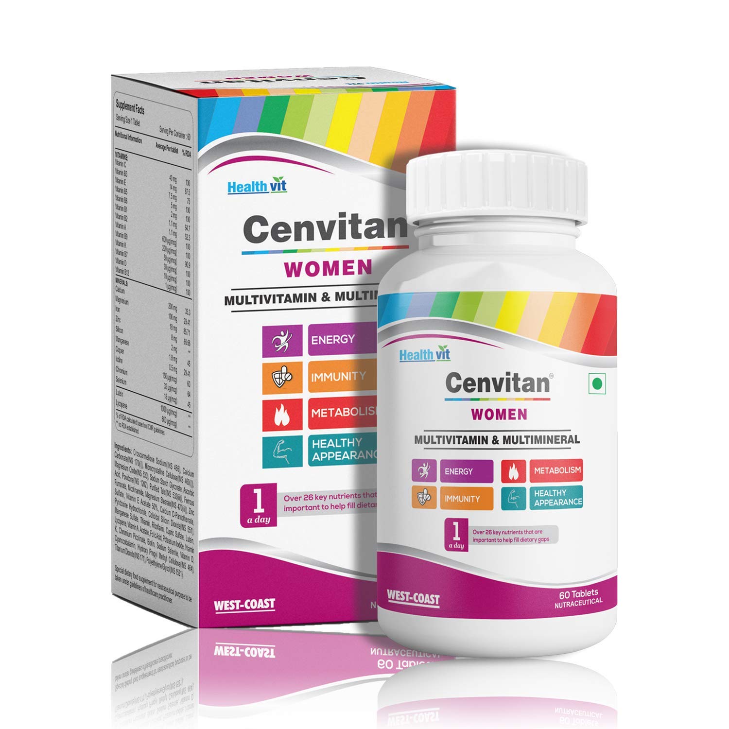 Dharma Healthvit Cenvitan Women Multivitamin & Multimineral with 26 Nutrients (Vitamins and Minerals) | Anti-Oxidants, Energy, Metabolism, Immunity, Beauty and Healthy Appearance - 60 Tablets
