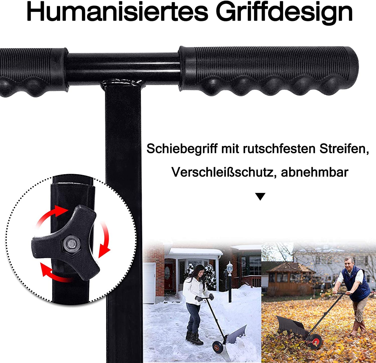 YUENFONG Schneeschieber, höhenverstellbare Schneeschaufel mit Rädern, 75 cm Arbeitsbreite, Metall-Schneeschild, Gummigriff, 42 cm Höhe, Schneeräumwerkzeuge für Garten, Terrasse und Einfahrten