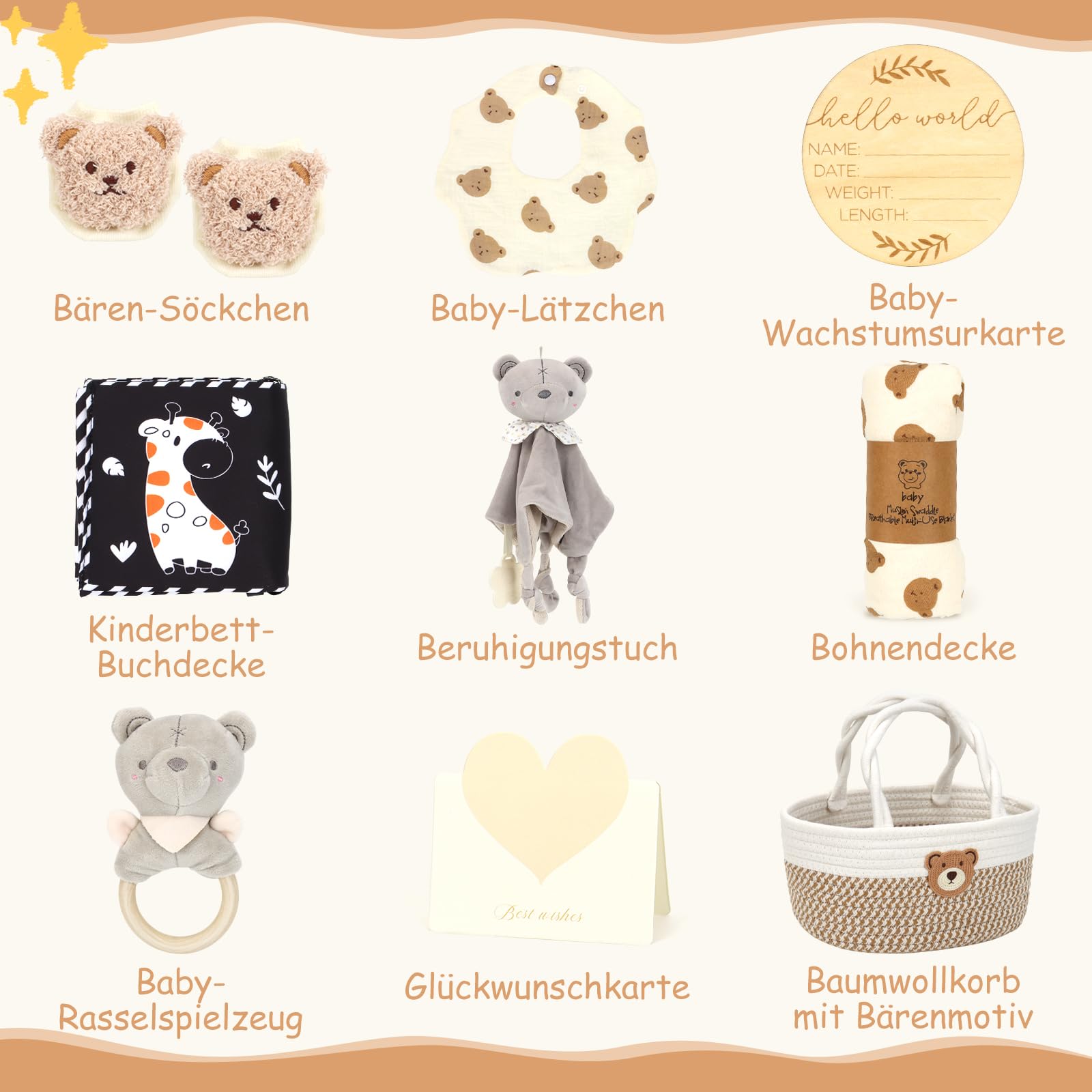 Neugeborenen Geschenk, Baby Geschenkset für Jungen/Mädchen, Sensorisches Buch, Babydecke, Wickelsocken, Rassel, Lätzchen, Meilensteinkarten, Baby Geburt Geschenk, Babyparty