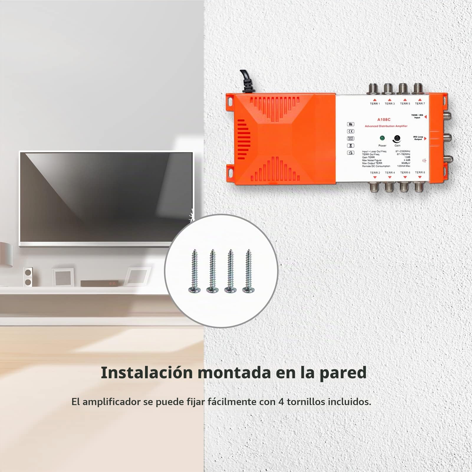 Benkeg Amplificador de distribución profesional de 8 vías con IRS Loop-through TV terrestre y amplificador de distribución de radio 87-2350MHz Amplificador de señal de antena de TV Bajo nivel de ruido