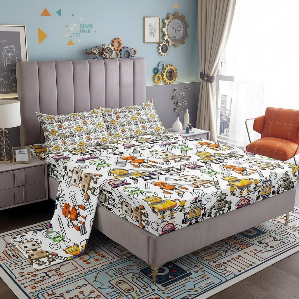 Drap-housse robot et parure de lit 4 pièces pour ado