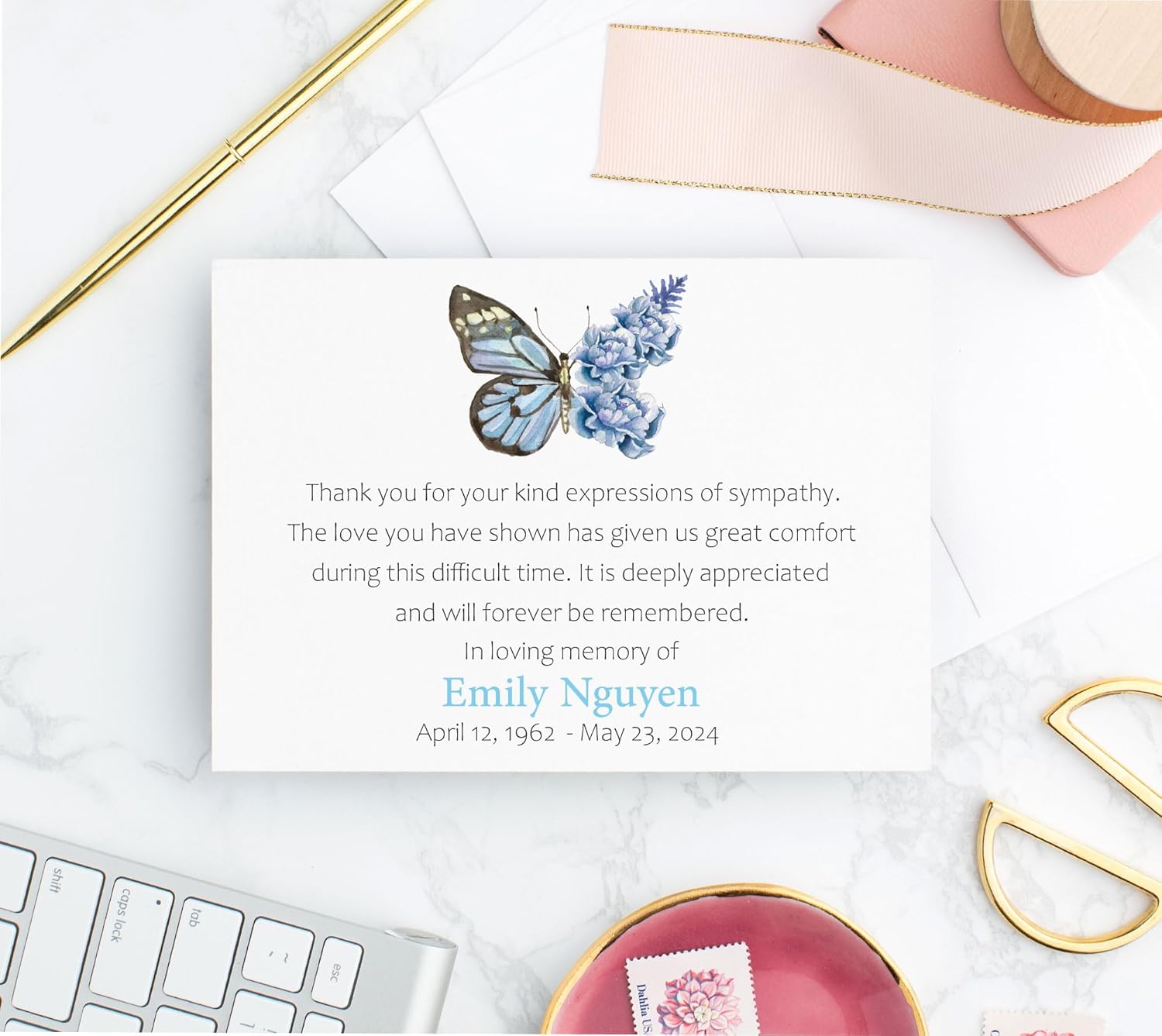 Blue Floral Butterfly Sympathy Thank You Cards with Envelopes, Choose Quantity and Colors, Personalized Funeral Thank You Card with Message Inside, Celebration of Life Thank You Notes, After Service