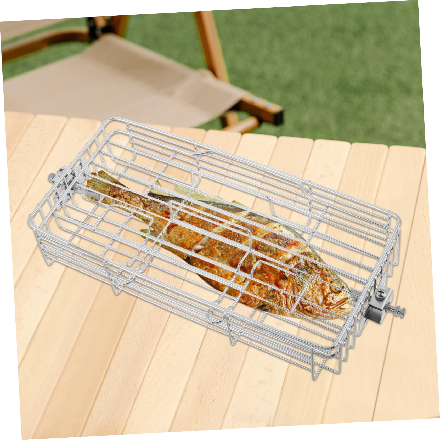 iplusmile Cesta De De Inoxidable Para Pescado y Pollo Soporte Ajustable y Rotatorio Para Barbacoa Para Cocinas De Parrilla