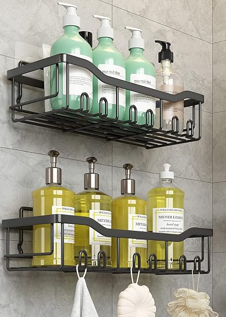 TBESTOACC Shower Caddy, Adhesive Shower Shelves No Drilling Shower Organiser 2 Pack, Rustproof Bathroom Kitchen Shelf with 4 Hooks