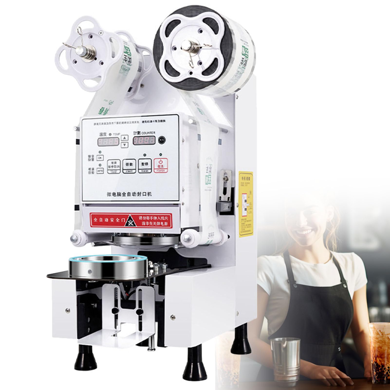 Fully Automatic Cup Sealing Machine, Seals 450-550 Cups/Hour, Compatible with 90/95mm Cups, Leak-Free Technology, Commercial Cup Sealer for PP Paper Boba Milk Coffee Smoothies Milk-Tea,White