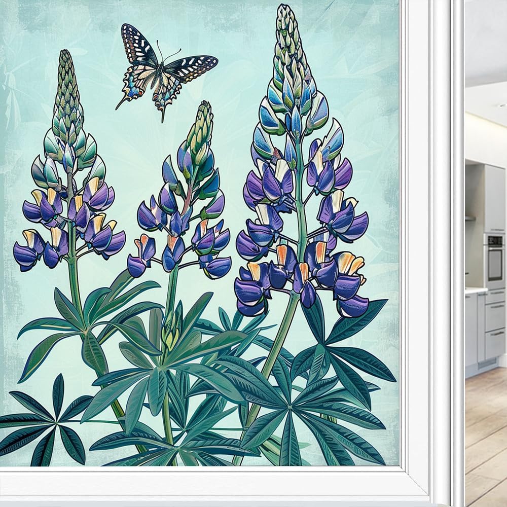 Colorful Flowers Butterflies Stained Glass Window Film Garden Plants Landscape Privacy Window Film Glass Door Covering Self-Adhesive Window Stickers for Bathroom Kitchen 31.5Wx55.1L inch