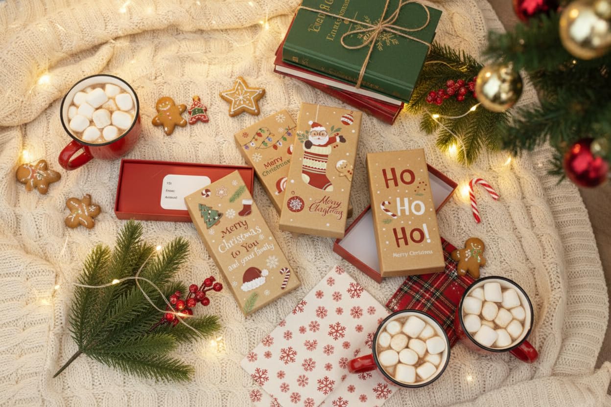Emartbuy Geschenkkarten- & Geldhalterboxen - 12 Stück | Starre Kraftboxen mit 4 festlichen Drucken | Perfekt für Bargeld, Notizen, Gutscheine & Weihnachtsgeschenke - 7,6 x 17 x 3 cm