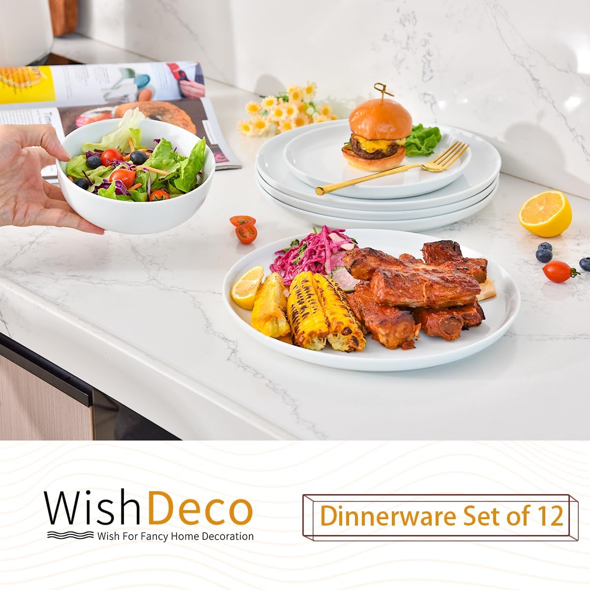 Plates and Bowls Sets, 12 Pieces Dinnerware Sets, Ceramic Dishes Set for 4, White Kitchen Dishware Set, Microwave and Dishwasher Safe